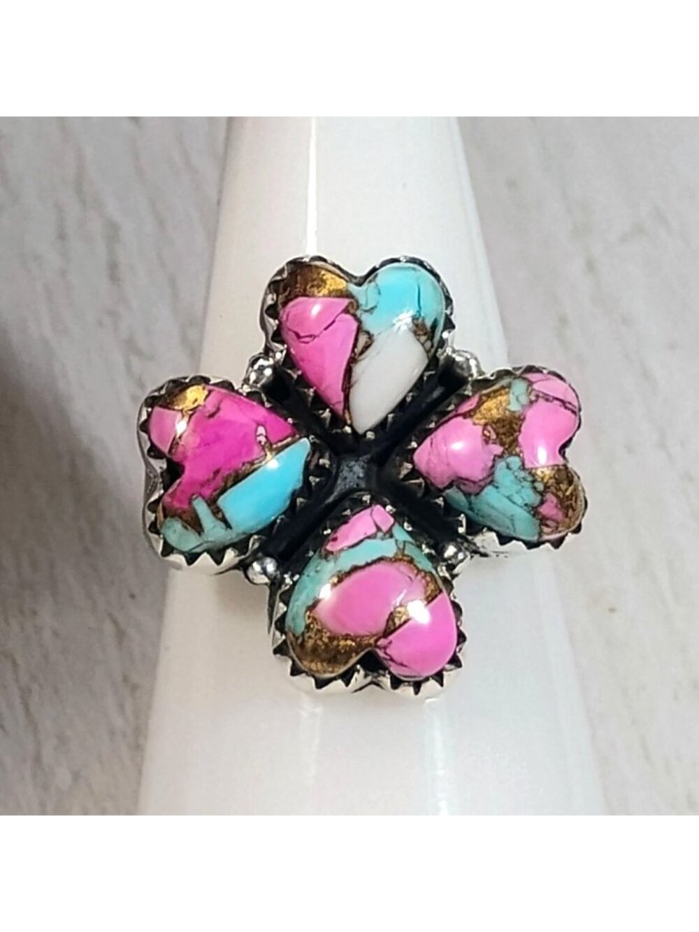 Sterling Silver Cotton Candy Turquoise Heart Clover Cluster Ring Adjustable